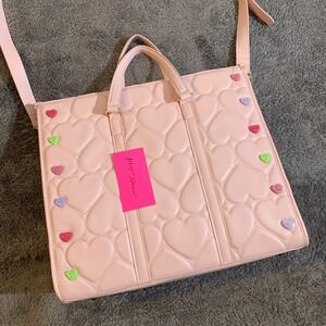 Betsey Johnson Blush Pink Quilted Heart Tote Bag Conversation Hearts NEW